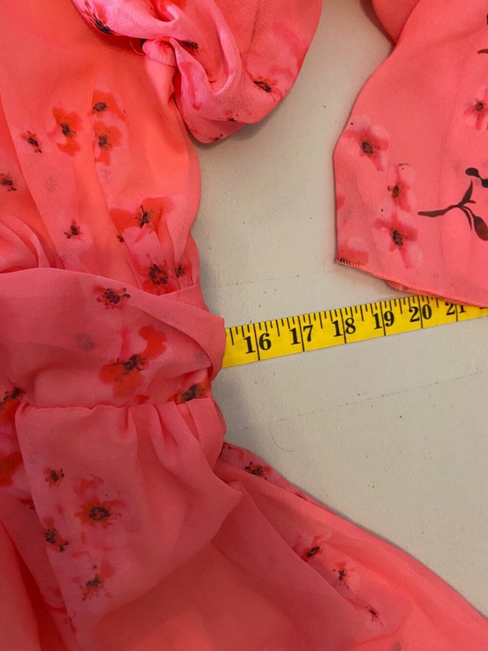 Floral Coral Pink Maxi Dress Sheer Bell Sleeves V-Neck Waist Tie XL - Picture 9 of 11